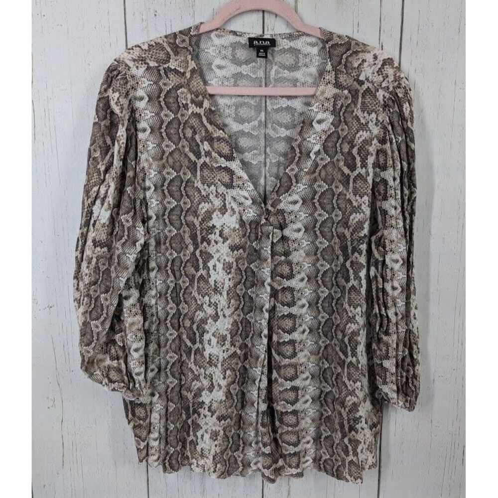Ana‎ Size XL Brown Snakeskin 3/4 Sleeve Womens Casual V Neck Blouse